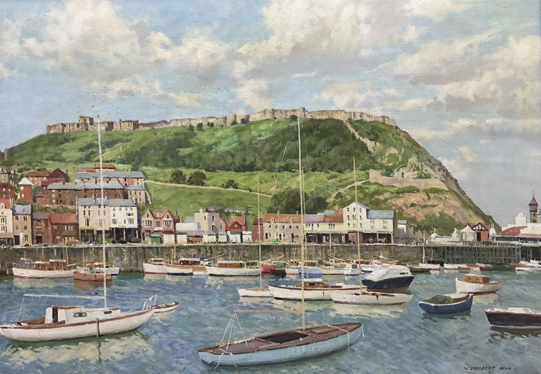 Walter Lambert Bell (Sheffield 1904-1983): Scarborough Foreshore from the Pier, oil on canvas signed 49cm x 70cm