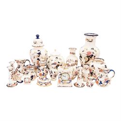 Collection of Mason ‘Mandalay’ pattern ceramics, to include vase and cover, two clocks, candle sticks, wall vases, ginger jar etc 