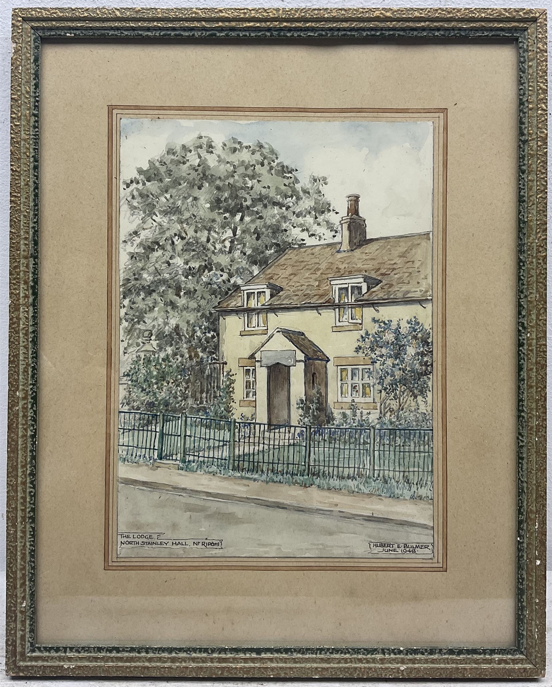 Henry George Walker (British 1876-1932): The Village Inn, etching with hand colouring; English School (Early 20th Century): Whitby Boats, watercolour unsigned; Hubert Ernest Bulmer (British 1874-1963): 'The Lodge - North Stainley Hall Nr Ripon', watercolour signed titled and dated 1948; John Cartmel Crossley (British 1933-?): 'The Road to Eglingham', watercolour signed, titled verso max 24cm x 34cm (4)
