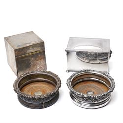 Pair of Victorian silver plated bottle coasters with turned boxwood bases D16cm, 19th cent...