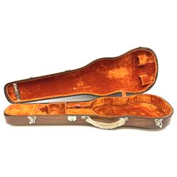 Continental American walnut violin case with orange velvet lining, the bow clasps marked 'L.H.F. Astra Bte. S.G.D.G.', L79.5cm