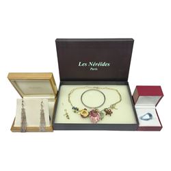 Pair of silver Links of London pendant stud earrings, Baccarat ring, Les Nereides flower, bee and dragonfly necklace and a Swarovski bangle