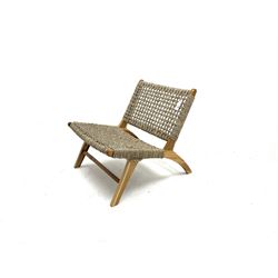 Teak framed chair, woven back and seat, shaped supports joined by stretcher 