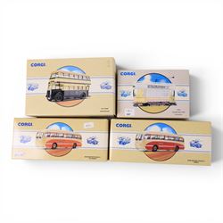 Thirteen Corgi Classic Commercials and Classic Public Transport diecast models, including four limited edition sets, comprising The Buses of Silver Service no. 97070, The Devon Bus Set no. 97071, Whittles no. 97069, The South Wales Set no. 97075, The East Lancashire set no. 97077, Devon General 75th Anniversary no. 97052, Burlingham Seagull no. 97174, The R.W Carney no. 97193, The Provincial Set no. 97072, Burlington Seagull Ribble no. 97173, Double Deck Tram Plymouth no. 97269, Burlingham Seagull AEC Regal no. 97053 and Guy Arab Birmingham no. 97201, all boxed