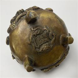 Chinese cast brass censer, with applied dragon twin handles and decoration, raised upon three feet with character mark beneath, D12cm H9.5cm