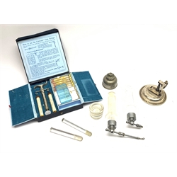  Dentistry - Waite's cased Cartridge Syringe, silver-plated table mounting instrument rest, two Devilbiss chrome plated and glass Atomizers and glass mortar and pestle set   