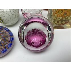 Millefiori glass paperweight ink pot, together with two millefiori paperweights and other paperweights including caithness examples 