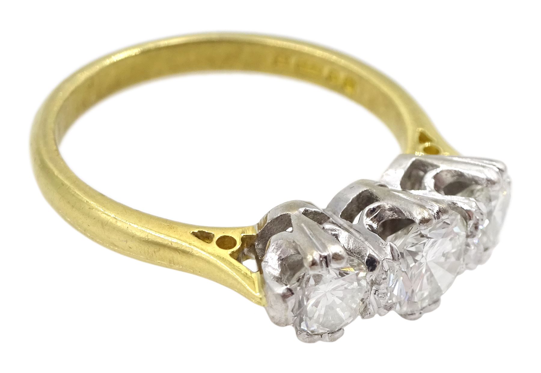 18ct gold three stone round brilliant cut diamond ring, London 1976, total diamond weight approx 1.20 carat