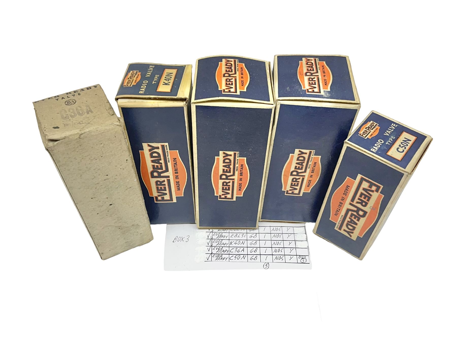 Five Ever Ready thermionic radio valves/vacuum tubes, comprising two EBL31, K40N, C36A, C50N, all in original boxes 