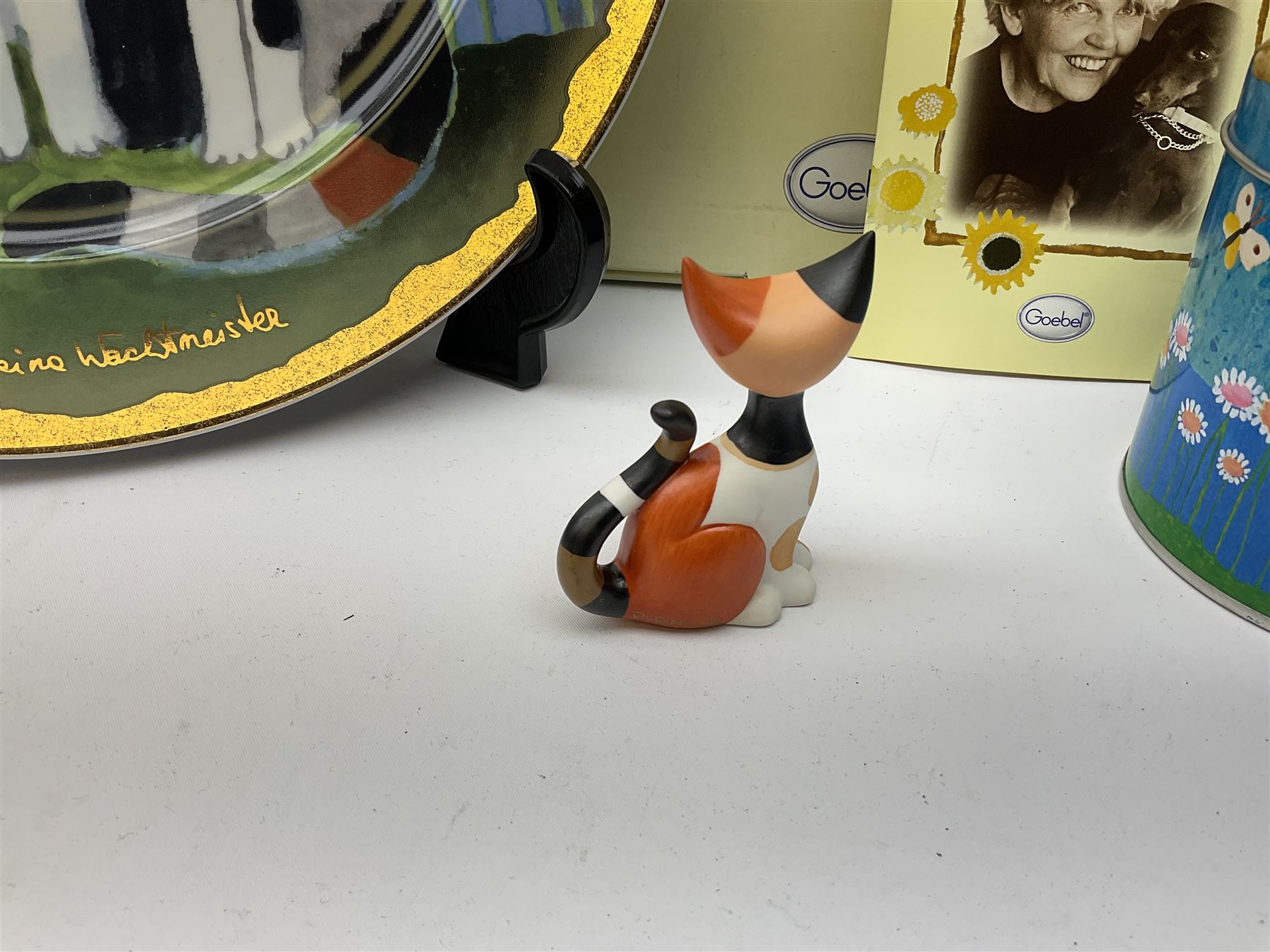 Goebel Rosina Wachtmeister cat figure and plate, both with original box, cat H8cm