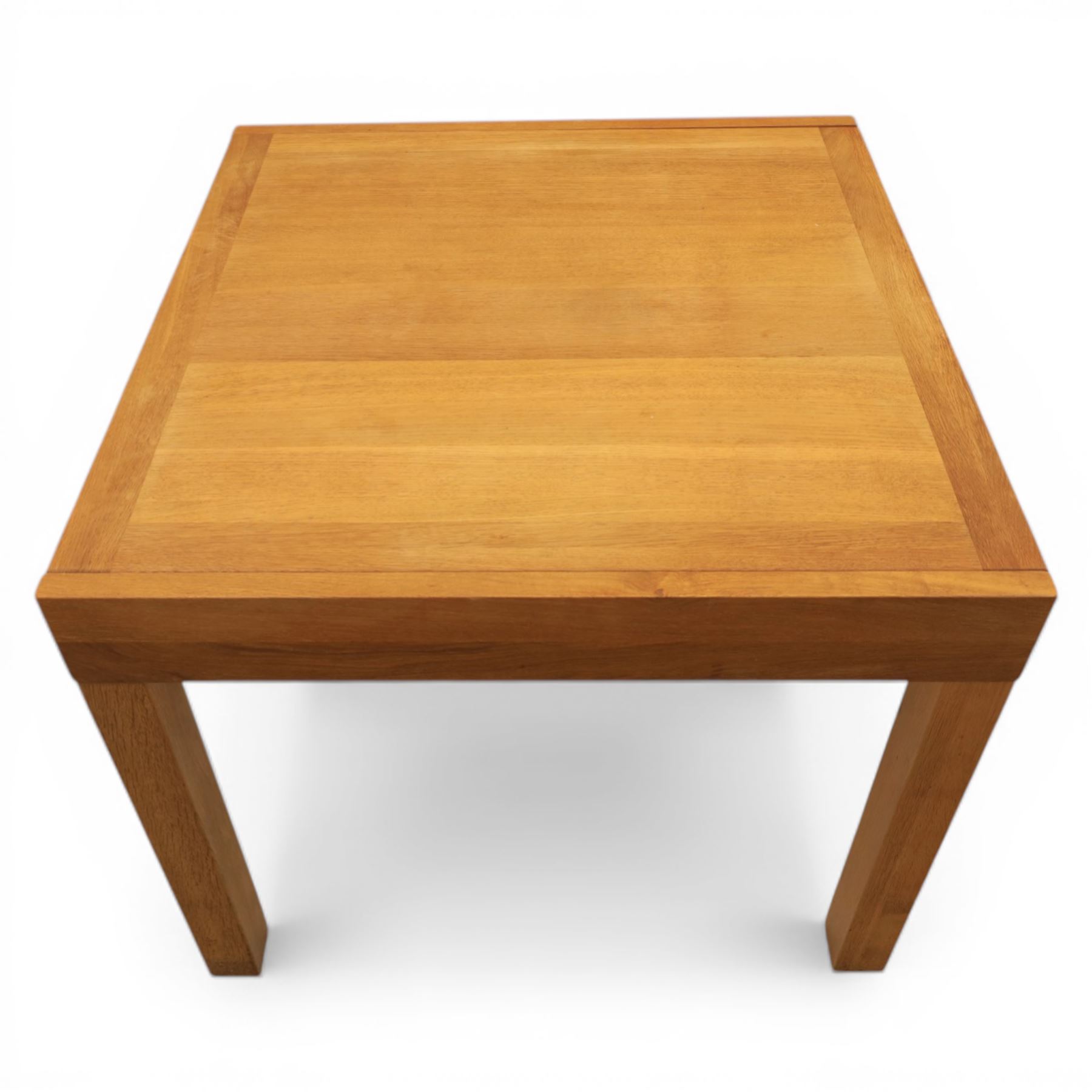 Contemporary square light oak extending dining table, and set of four chairs, table extends to 180cm