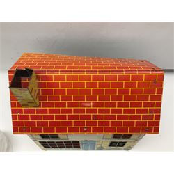 Mid-century Marx style tin dollhouse and quantity of dolls house furniture, H35cm