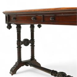 Victorian mahogany hall table, rectangular top with moulded edge over two frieze drawers with turned knob handles, raised on ring turned legs with bun feet, united by a ring turned stretcher