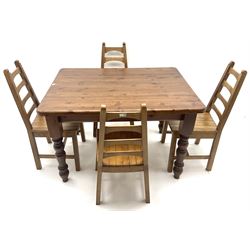 Rectangular pine farmhouse style table, turned supports (W122cm, H79cm, D91cm) and set four ladder back dining chairs (W43cm)