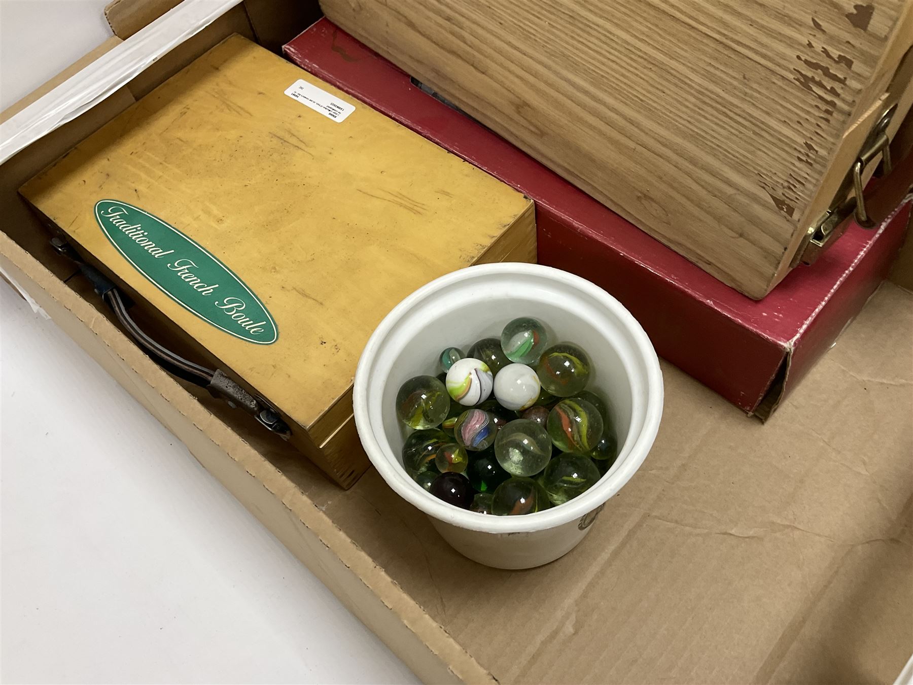 Condenser microphone, together with CD player, carved chess set, wooden figures etc in three boxes  