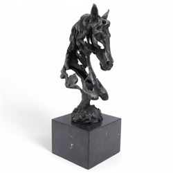 Bronze figure, modelled as a stylised horses head, upon a square marble plinth, signed and bearing foundry mark, overall H41cm