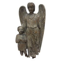  Large 19th century Continental wall mounted carving of an Angel and Child, traces of polychrome painted on gesso, H110cm x W56cm   