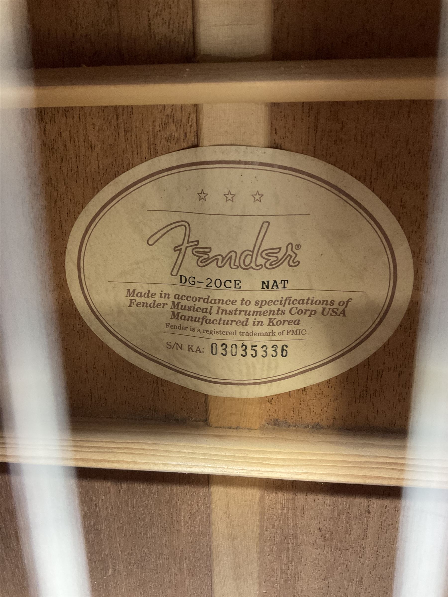 Fender model DG-20CE NAT semi-acoustic guitar with mahogany back and sides and spruce top, serial no. 03035336, L104cm, in fitted carrying case