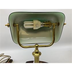 Bankers desk light with green glass shade on a wooden plinth, together with  bankers light with a yellow glass shade, tallest example H40cm