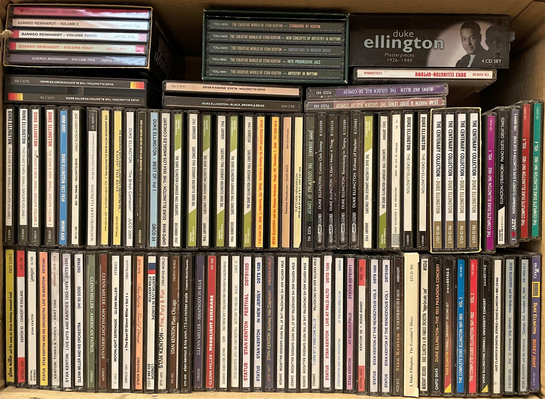 A large collection of mostly Jazz CD's including Glenn Miller, Gene Krupa, Duke Ellington, Stan Kenton, Benny Goodman and other music in four boxes (400+)