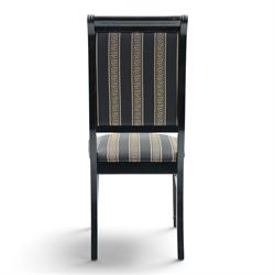 Italian Neoclassical inspired ebonised gloss dining table with four matching chairs,  circular top with additional leaf (Extends to  145cm) with Greek key banding, on a shaped pedestal base with gilt highlights and stepped plinth, the chairs en suite with padded back and seat with Greek key, reeded front supports