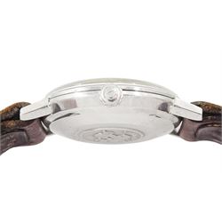 Omega Seamaster gentleman's stainless steel automatic wristwatch, silvered dial with baton and dagger hour markers, on brown leather strap, boxed