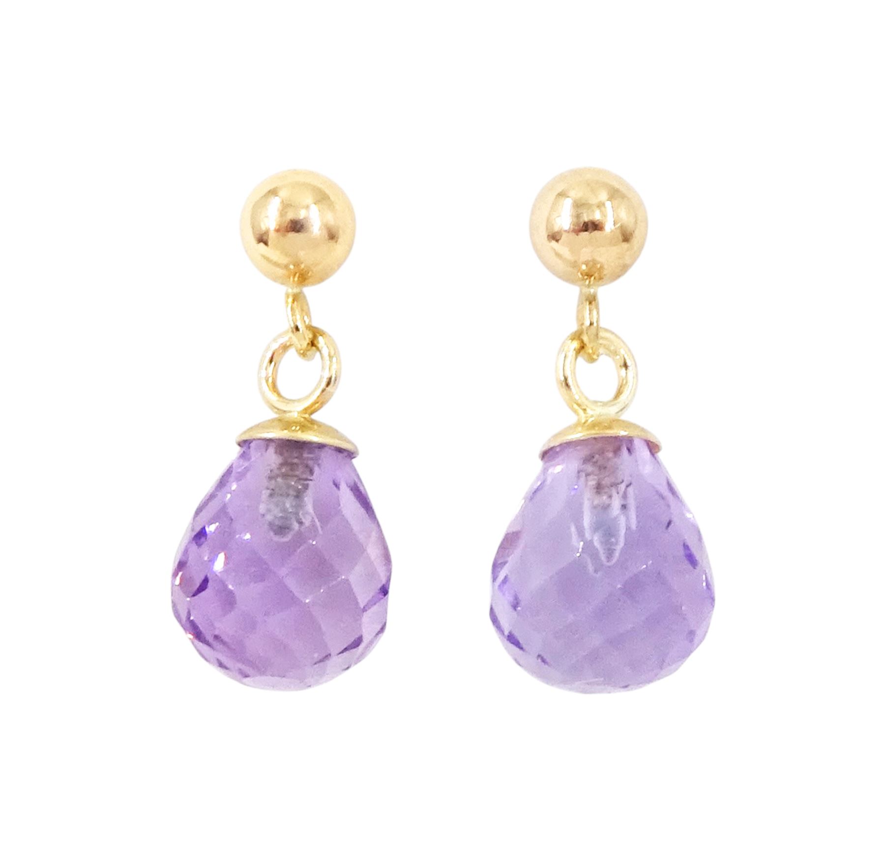 Pair of 9ct gold briolite cut amethyst pendant stud earrings, stamped 375