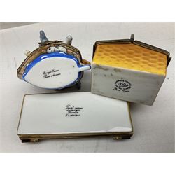Group of Limoges trinket boxes, to include a number of novelty examples, including examples modelled as Noah's ark, shotgun case containing shotguns, picnic basket containing food, toad reading book seated upon a lily pad, etc., (9)