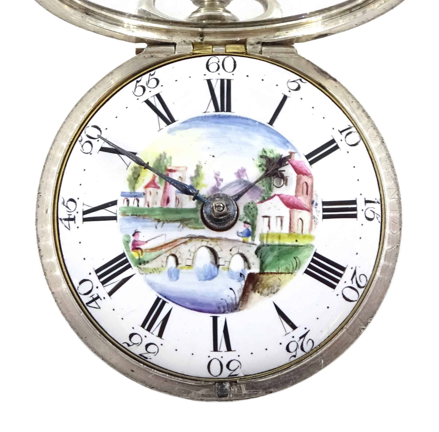 George III silver pair cased verge fusee pocket watch by David Crawford, Newcastle, No. 671, square baluster pillars, pierced and engraved balance cock, enamel polychrome dial depicting a figure fishing by a bridge, Roman hours and Arabic outer minute ring, beetle and poker hands, bull's eye glass, case markers mark D.P, London 1771
