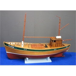  Part wooden scale model of the Hull Fishing Boat Eileen H.96, twin-masted with single screw, on stand, L87cm H62cm with RC provision  