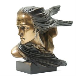Brian Elton - Art Nouveau style bronze bust of a lady on rectangular base, signed 'Elton' ...
