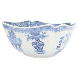 Late 18th/early 19th century Chinese export blue and white porcelain tureen and cover, of oblong form with short foot and twin animal mask handles, decorated to the sides and cover with a riverside landscape set with pagodas, boats, fence and figures, the cover with curved knop handle decorated with Fitzhugh type border, H22m including handles W35cm, together with a late 18th/early 19th century Chinese export blue and white porcelain bowl, of square form, the interior decorated with a peony spray and thick cell border to the rim, the sides with precious objects beneath a spear head border, H12.5cm W24cm