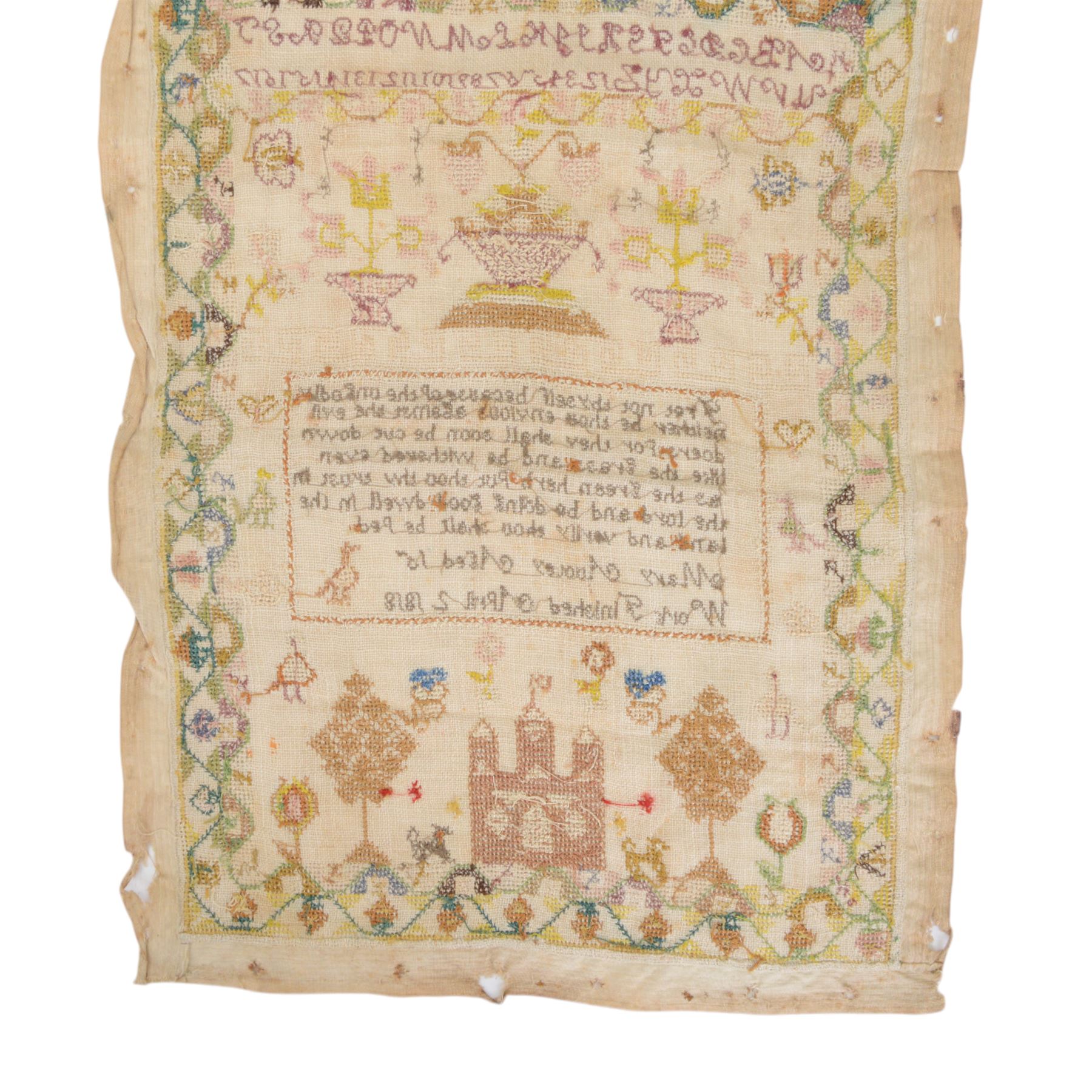 Early 19th century sampler worked by Mary Audley aged 15 years dated 1818, depicting alphabet and numbers above a religious passage, bordered by animals, buildings and insects, unframed, H45cm