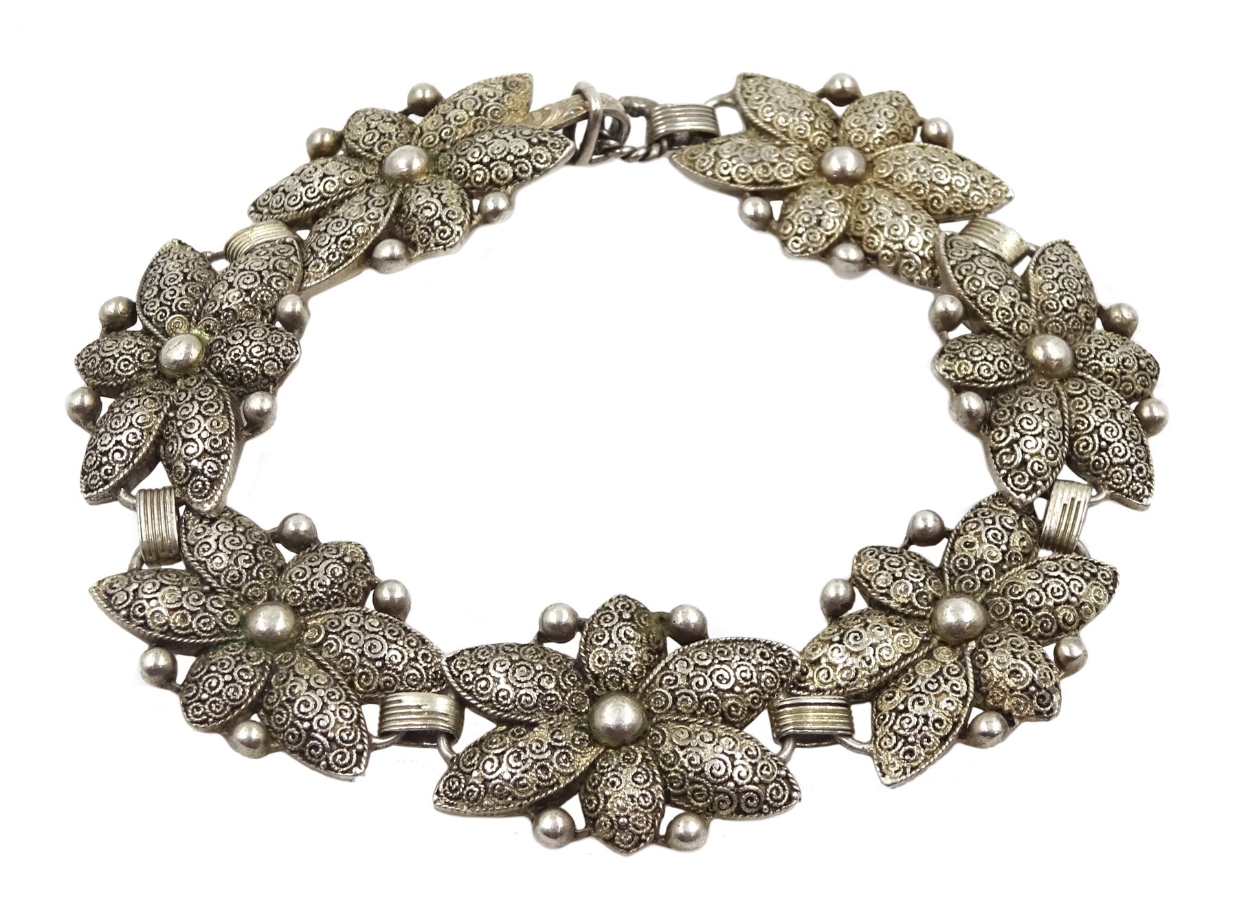 Thedore Fahrner Art Deco silver filigree design flower bracelet, stamped TF 925 Fahrner