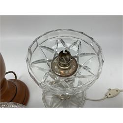 Mid 20th century cut glass table lamp with dome shade, together with a mid 20th century wooden table lamp, tallest H45cm