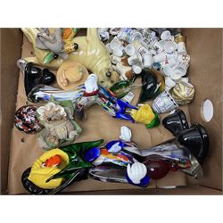 Quantity of ceramics to include Limoges egg box decorated with flowers, Limoges miniature furniture, Beswick bulldog and blue tit figures, Royal Worcester Palissy, pair of Chinese vases, Japanese tea wares, collection of thimbles, Crown Staffordshire, teawares, together with two Murano style glass clowns etc