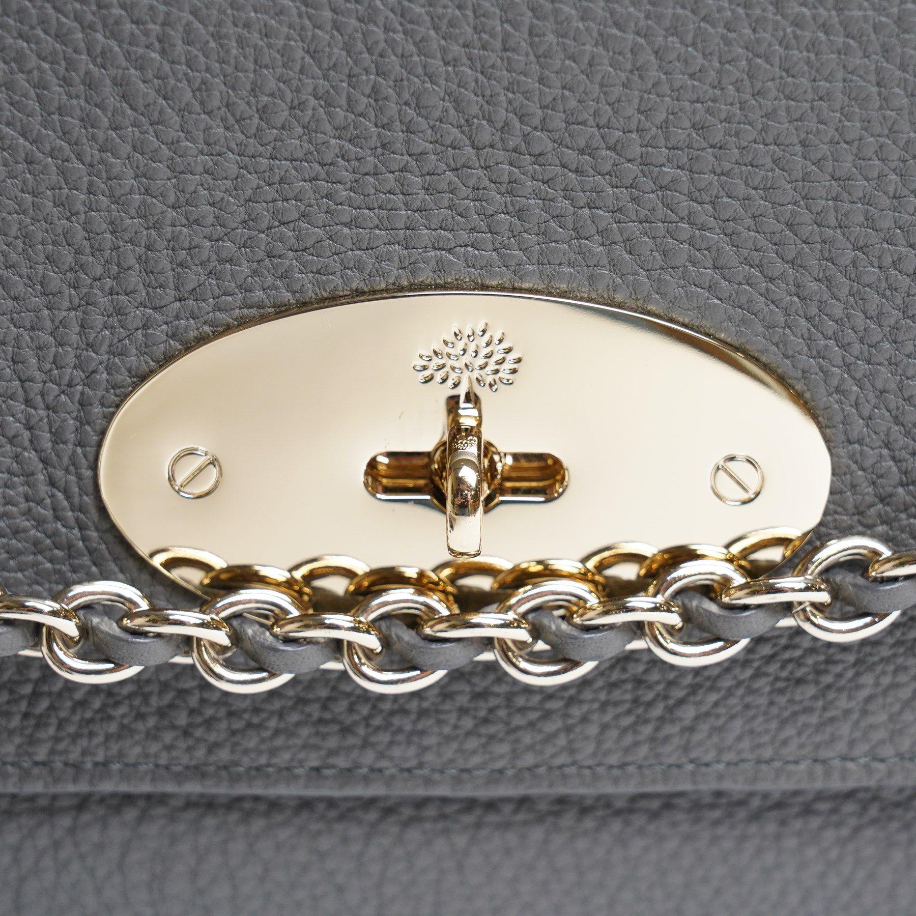 Mulberry - Medium Lily shoulder bag in Mole Grey Grainy Calf leather, the softly structured body with flap top, gold-tone Postman’s Lock fastening, hanging leather clochette and leather-woven chain shoulder strap, with original Mulberry product tag and dust bag