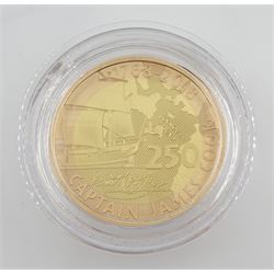 Captain Cook gold proof three coin series, comprising 2018, 2019 and 2020 dated gold proof two pound coins, all three housed together in a Royal Mint presentation box, the individual boxes and certificates are also present