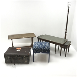  Regency style nest of tables, turned reeded supports (W93cm, H48cm, D46cm) an oak coffee table, a standard lamp, a vintage suitcase and a stool (5)  