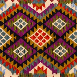 Afghan Maimana flatweave kilim, central field features large bold nested diamond motifs and stylized geometric lozenge patterns on olive purple, blue, and green tone ground, border stripe in teal ground, and fringe