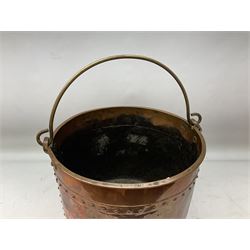 Large twin handled copper coal scuttle and cover and copper and brass riveted bucket with handle, bucket D36cm