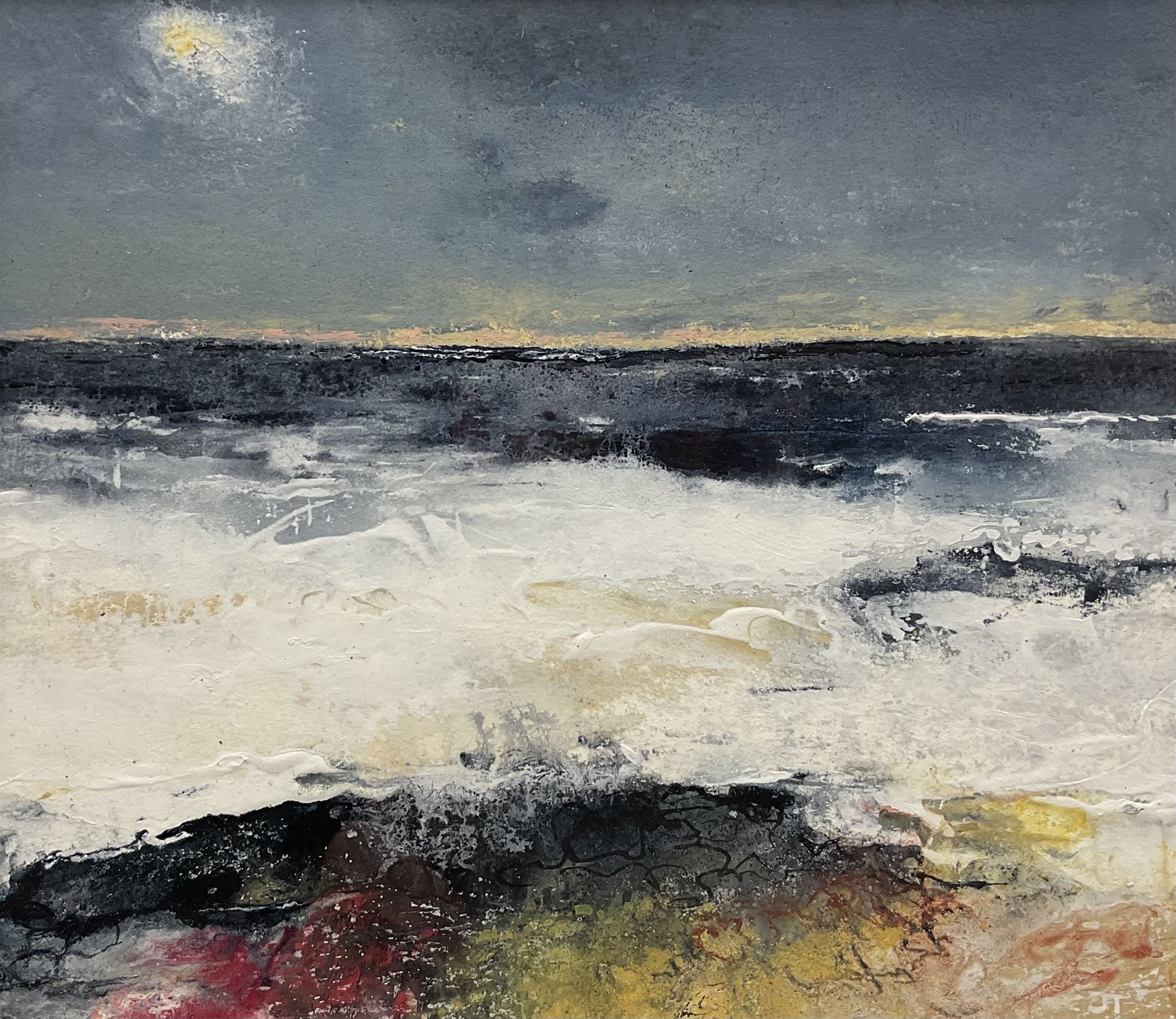 John Thornton (Northern British 1944-): 'Dusk - Yorkshire Coast', mixed media signed with initials, titled verso 15cm x 17.5cm