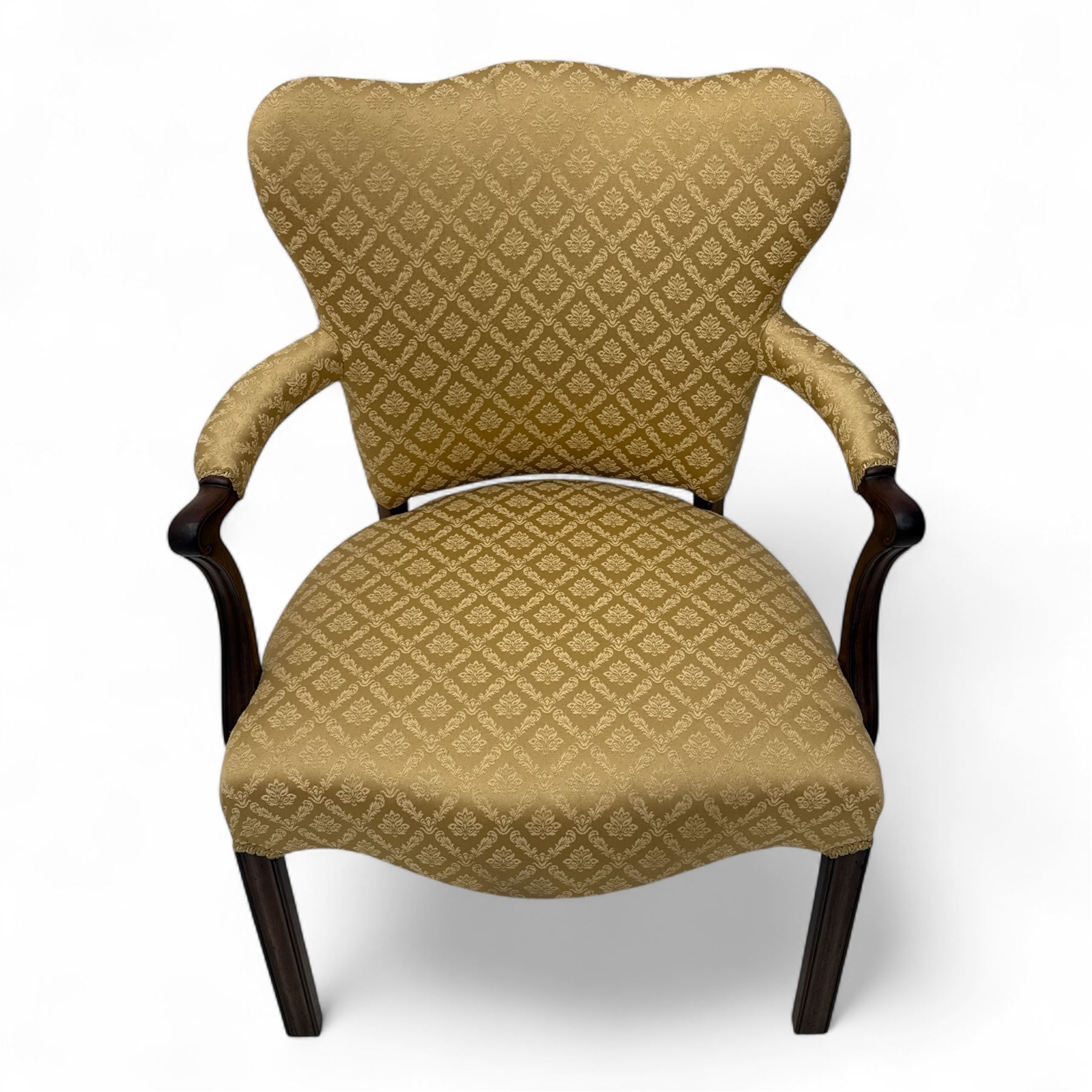 Pair of 19th century Hepplewhite style armchairs, shaped serpentine back over seat upholstered in gold damask fabric, with padded outswept arms and serpentine front rail, on moulded mahogany foreleg
