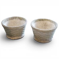 Cast stone basket weave rectangular planter, together with two circular stone planters with basket and rope design 