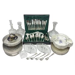 Canteen of cutlery together with Coalport basket, glass decanters and other collectables 