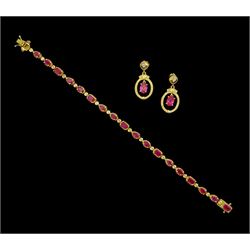 Silver-gilt ruby and white topaz bracelet and a pair of ruby and white topaz pendant stud earrings, both stamped 925