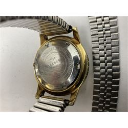 Four wristwatches including Seiko automatic, Sekonda, Timex and Ingersoll, silver Acme Lever pocket watch by H Samuel, 9ct gold keepers ring, silver and 9ct gold paste stone set cluster ring, silver and stone set silver jewellery and other vintage jewellery