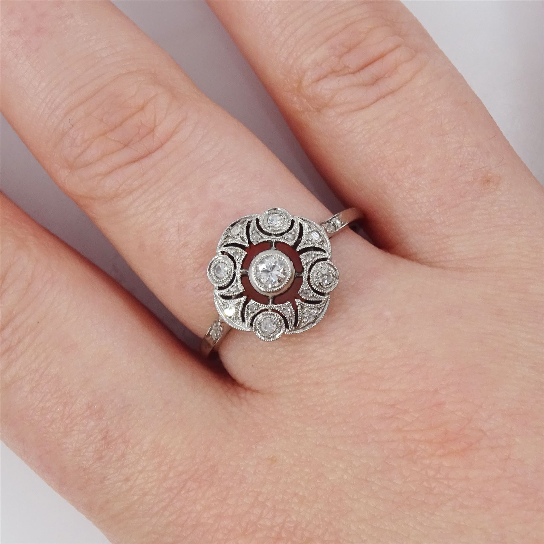 Art Deco French 18ct white gold diamond ring, the principal old cut diamond of approx 0.10 carat, surrounded by single and rose cut diamonds, in a milgrain pierced design setting, with diamond set shoulders, Eagle hallmark