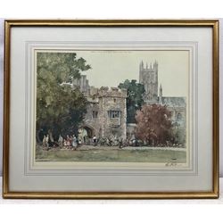Eric R. Sturgeon (British 1920-1999): 'The Palace Gatehouse Wells', 'Bath Abbey', 'Pulteney Bridge' and 'Wells Cathedral', set of four lithographs signed in pencil and blind stamped, together with a print of Labradors, signed 'Logan' and numbered in pencil max. 43cm x 58cm (5)