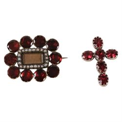 9ct gold Victorian mourning brooch, stamped 9ct, jet and seed pearl brooch, 12ctct gold garnet and pearl hairwork brooch and a silver garnet cross
